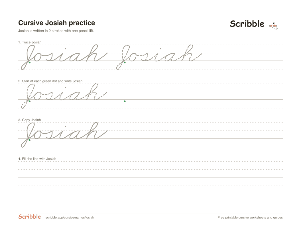 Preview of the printable Josiah in cursive worksheet: trace, copy, and practice rows