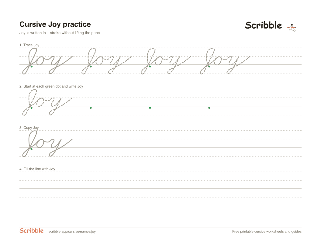 Preview of the printable Joy in cursive worksheet: trace, copy, and practice rows