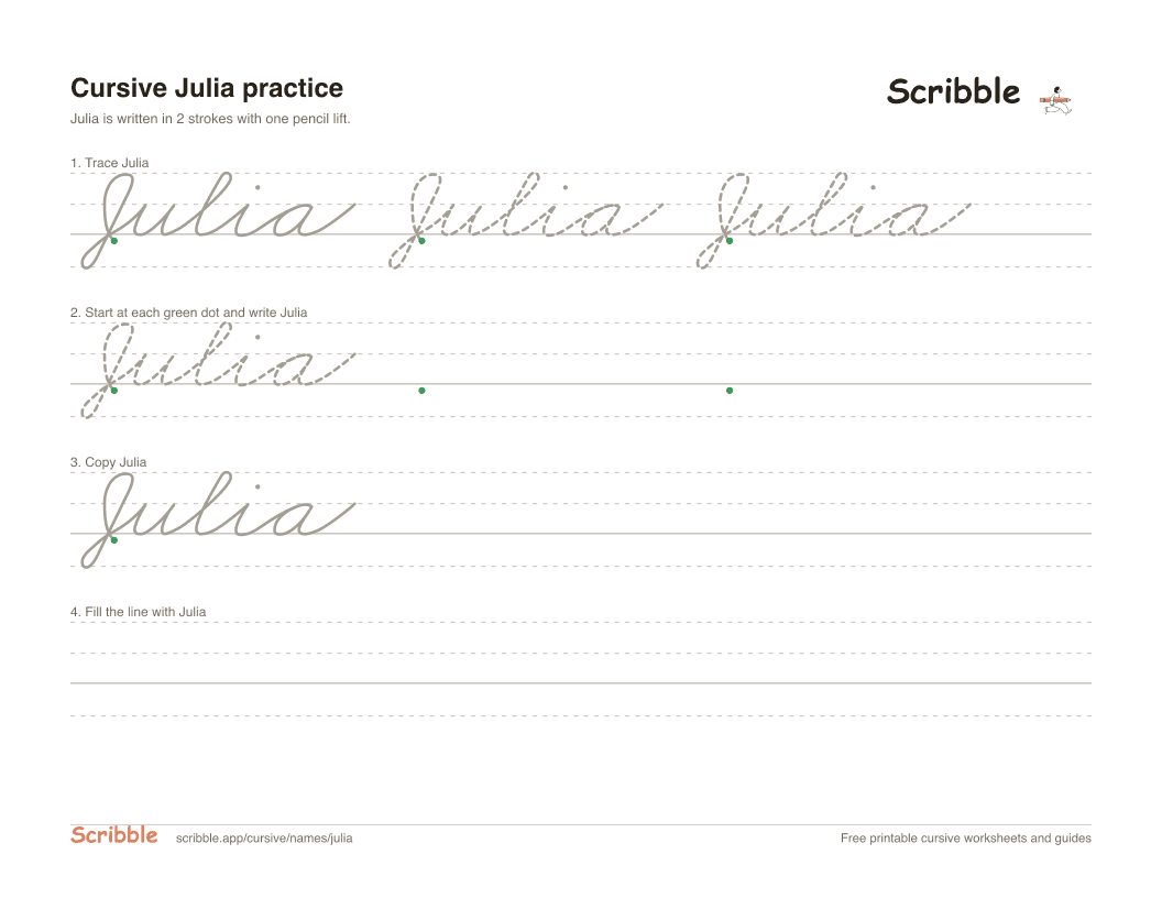 Preview of the printable Julia in cursive worksheet: trace, copy, and practice rows