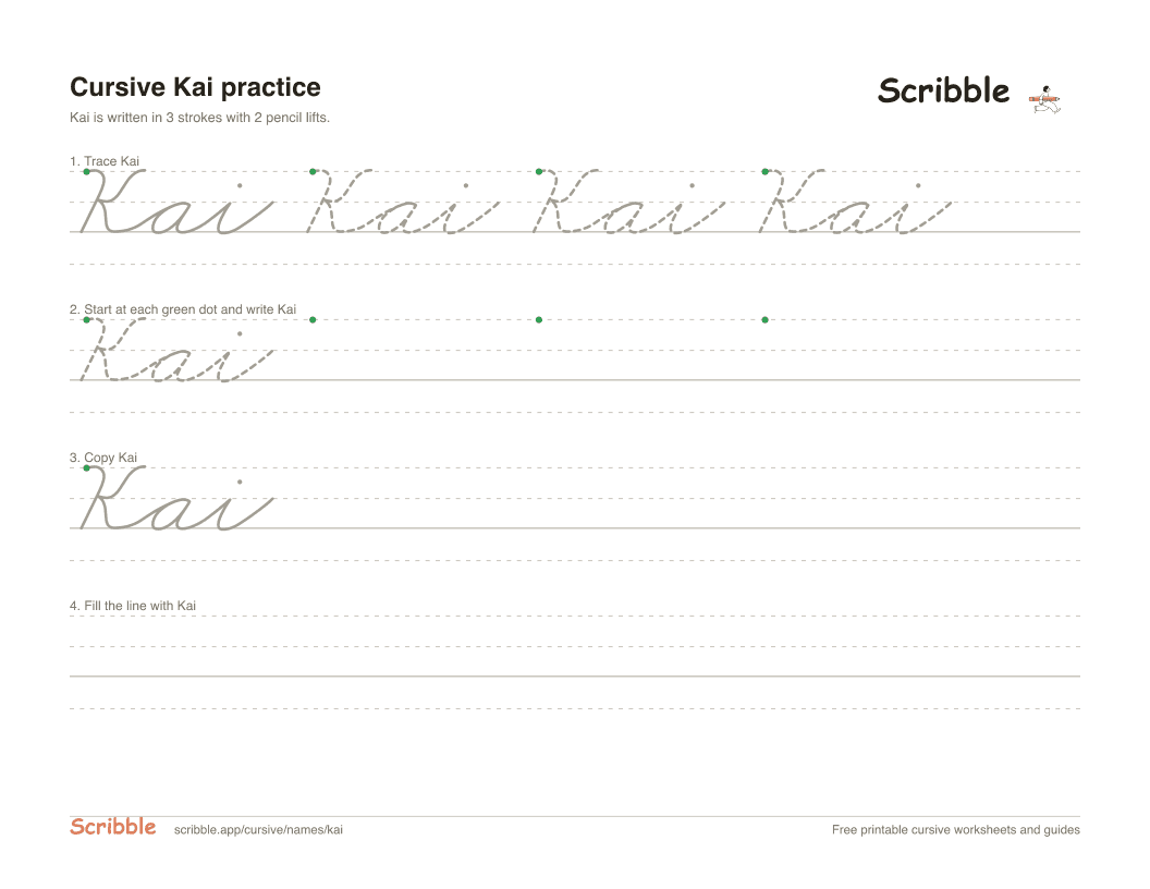 Preview of the printable Kai in cursive worksheet: trace, copy, and practice rows
