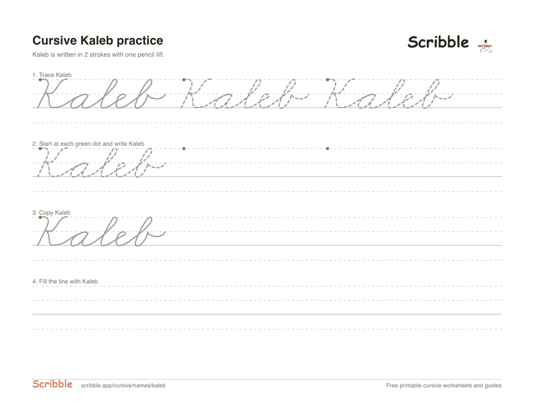 Preview of the printable Kaleb in cursive worksheet: trace, copy, and practice rows