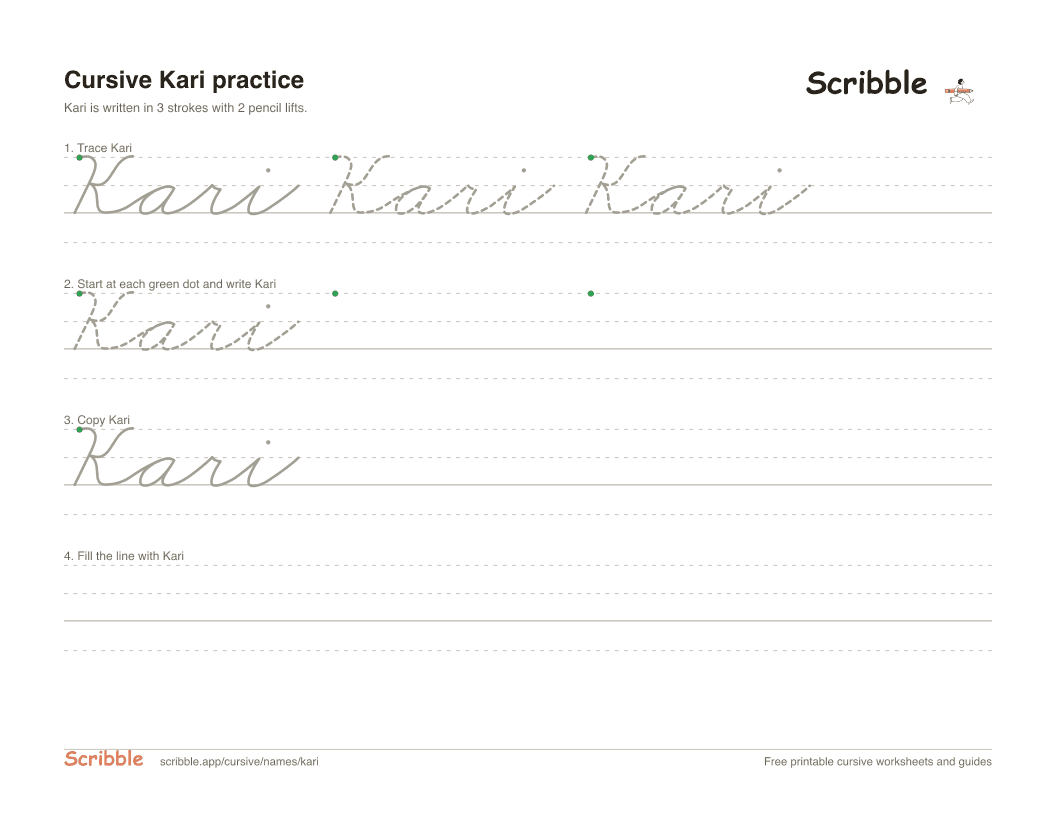 Preview of the printable Kari in cursive worksheet: trace, copy, and practice rows
