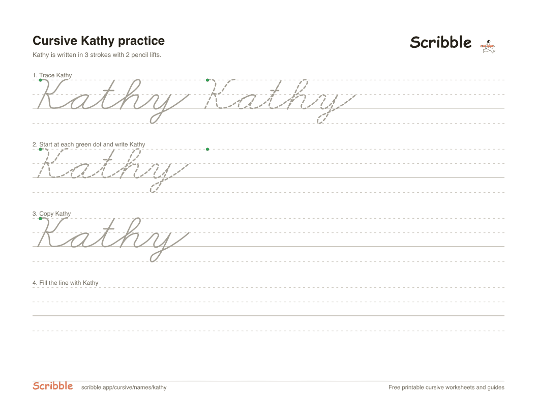 Preview of the printable Kathy in cursive worksheet: trace, copy, and practice rows
