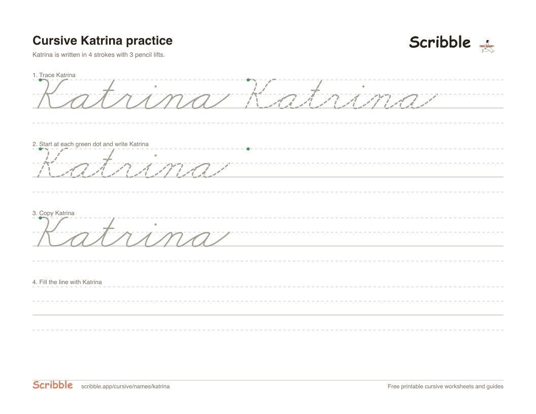 Preview of the printable Katrina in cursive worksheet: trace, copy, and practice rows