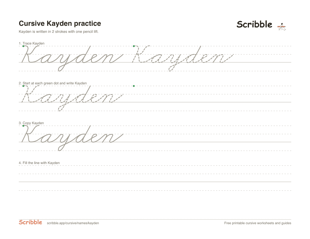 Preview of the printable Kayden in cursive worksheet: trace, copy, and practice rows