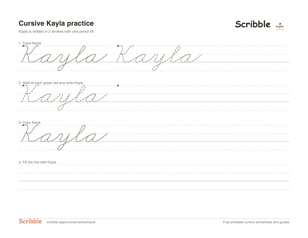 Preview of the printable Kayla in cursive worksheet: trace, copy, and practice rows