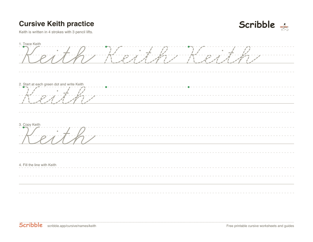 Preview of the printable Keith in cursive worksheet: trace, copy, and practice rows