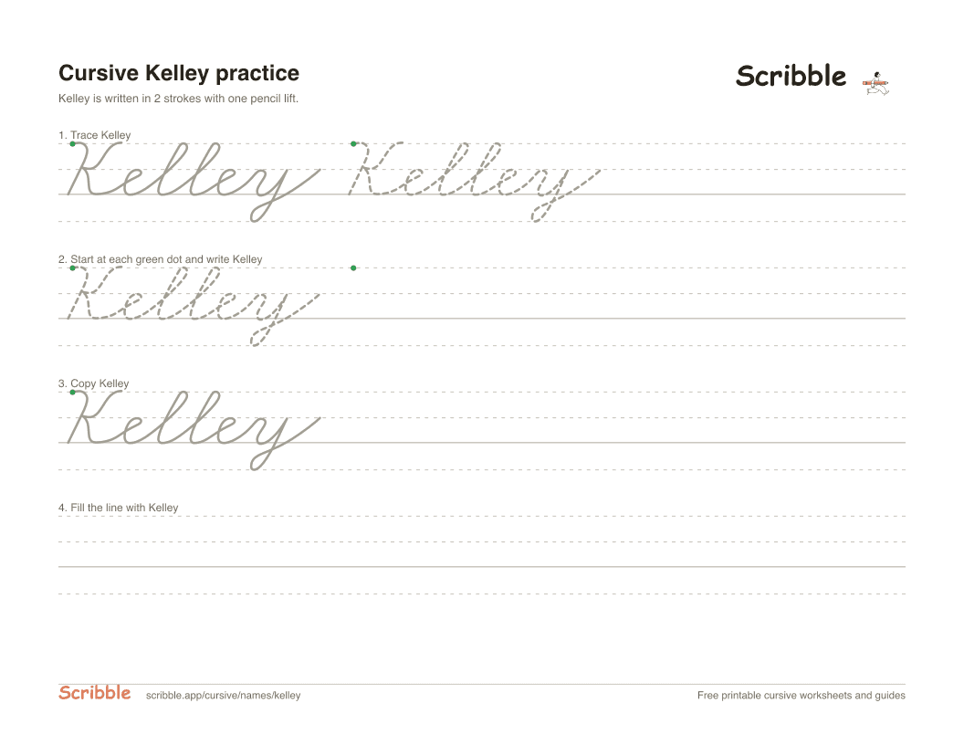 Preview of the printable Kelley in cursive worksheet: trace, copy, and practice rows