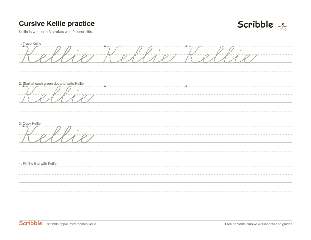 Preview of the printable Kellie in cursive worksheet: trace, copy, and practice rows