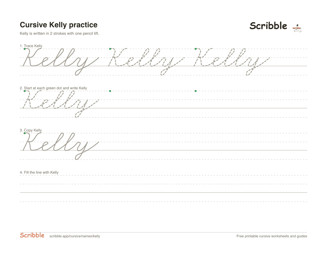Preview of the printable Kelly in cursive worksheet: trace, copy, and practice rows
