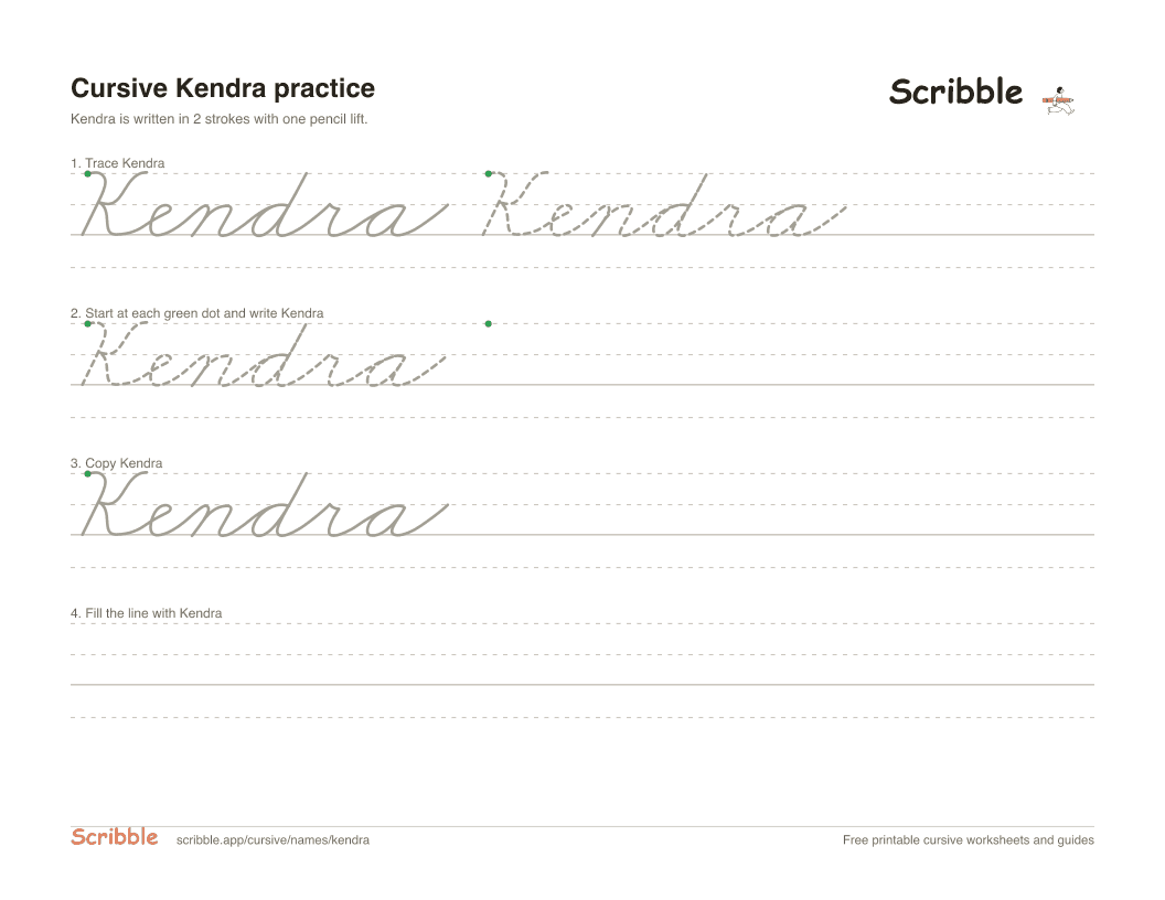 Preview of the printable Kendra in cursive worksheet: trace, copy, and practice rows
