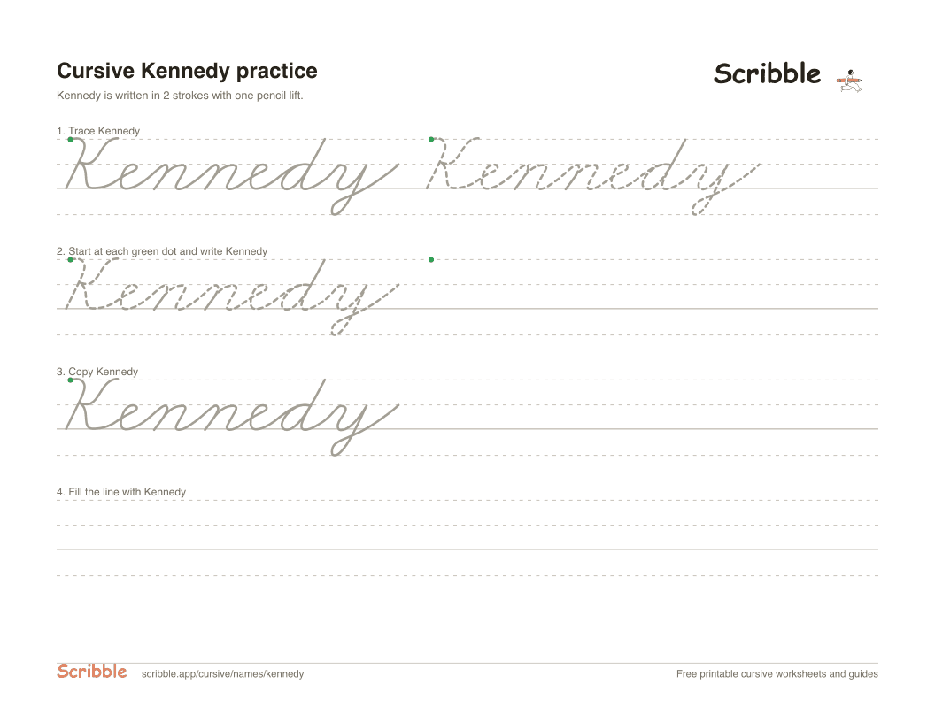 Preview of the printable Kennedy in cursive worksheet: trace, copy, and practice rows
