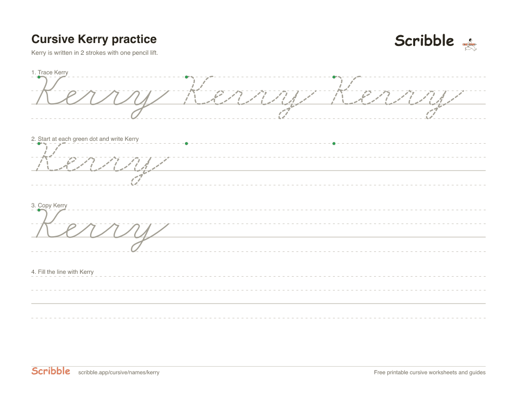 Preview of the printable Kerry in cursive worksheet: trace, copy, and practice rows