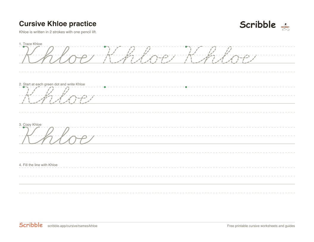 Preview of the printable Khloe in cursive worksheet: trace, copy, and practice rows