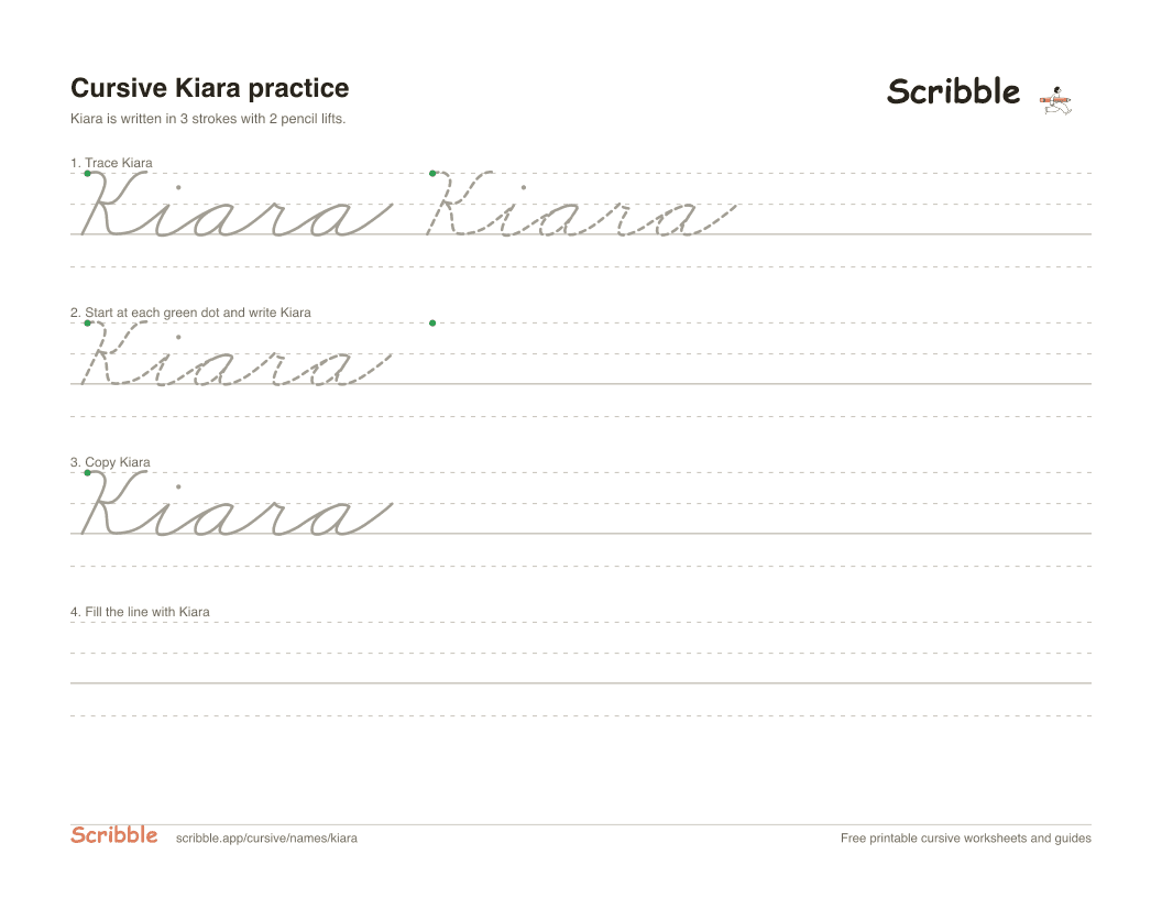 Preview of the printable Kiara in cursive worksheet: trace, copy, and practice rows