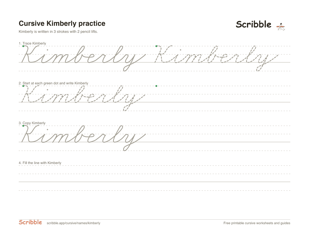 Preview of the printable Kimberly in cursive worksheet: trace, copy, and practice rows