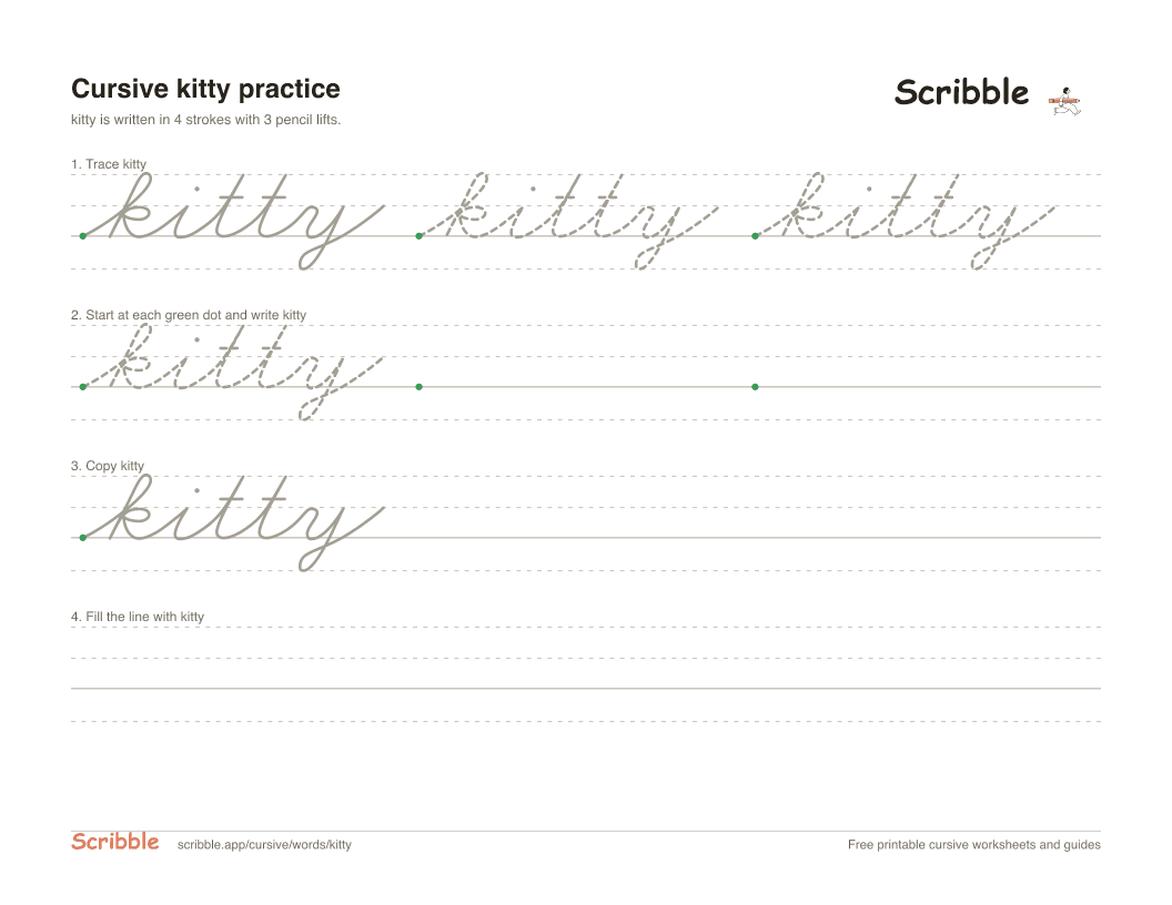 Preview of the printable kitty in cursive worksheet: trace, copy, and practice rows