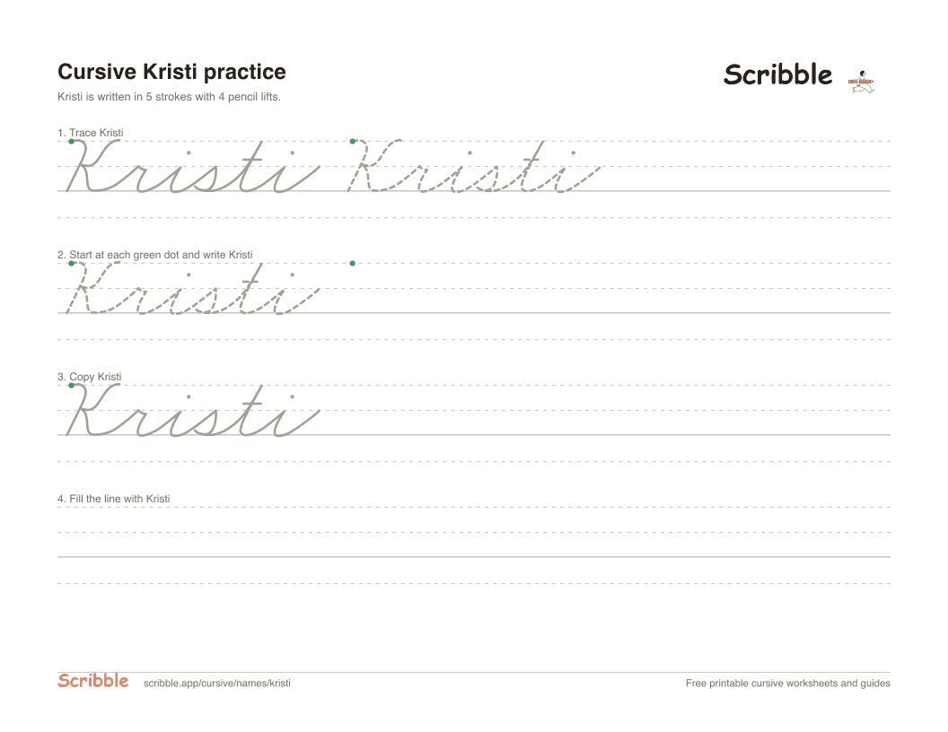 Preview of the printable Kristi in cursive worksheet: trace, copy, and practice rows