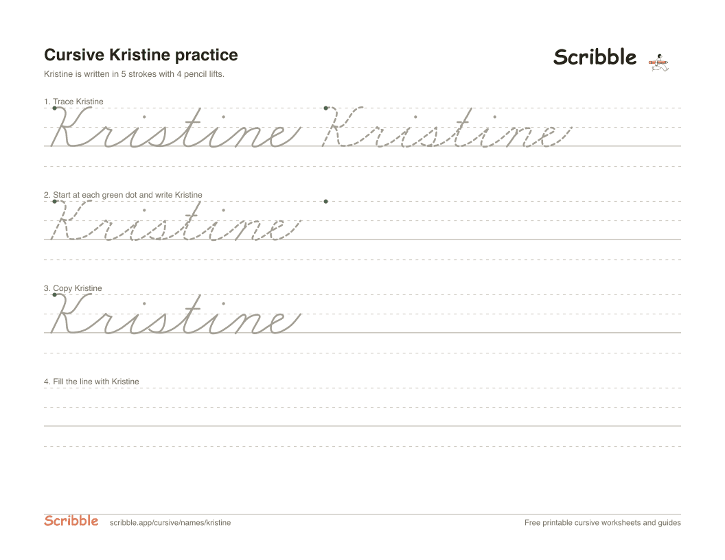 Preview of the printable Kristine in cursive worksheet: trace, copy, and practice rows