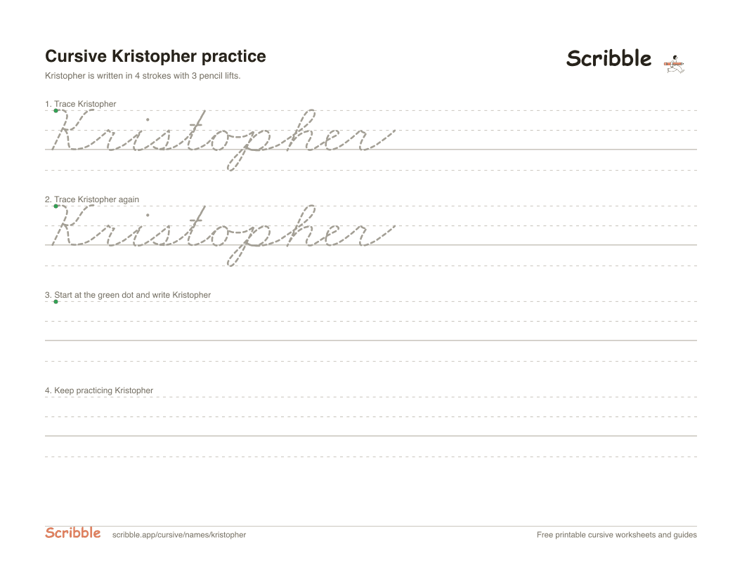 Preview of the printable Kristopher in cursive worksheet: trace, copy, and practice rows