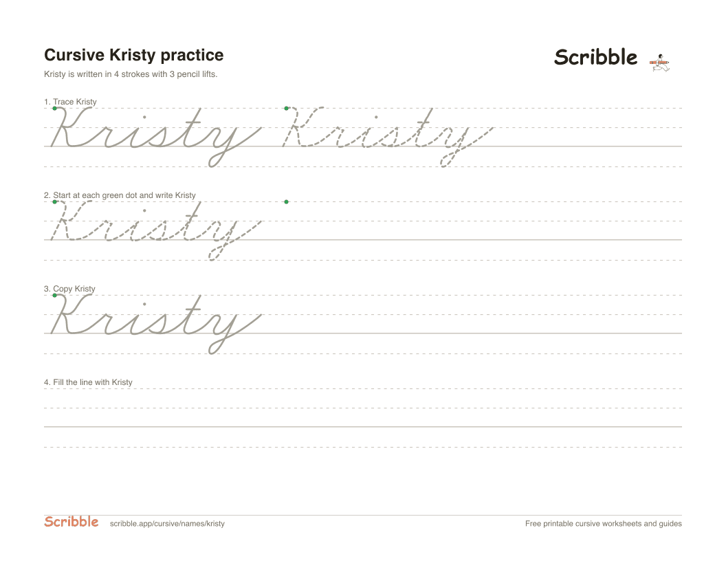 Preview of the printable Kristy in cursive worksheet: trace, copy, and practice rows
