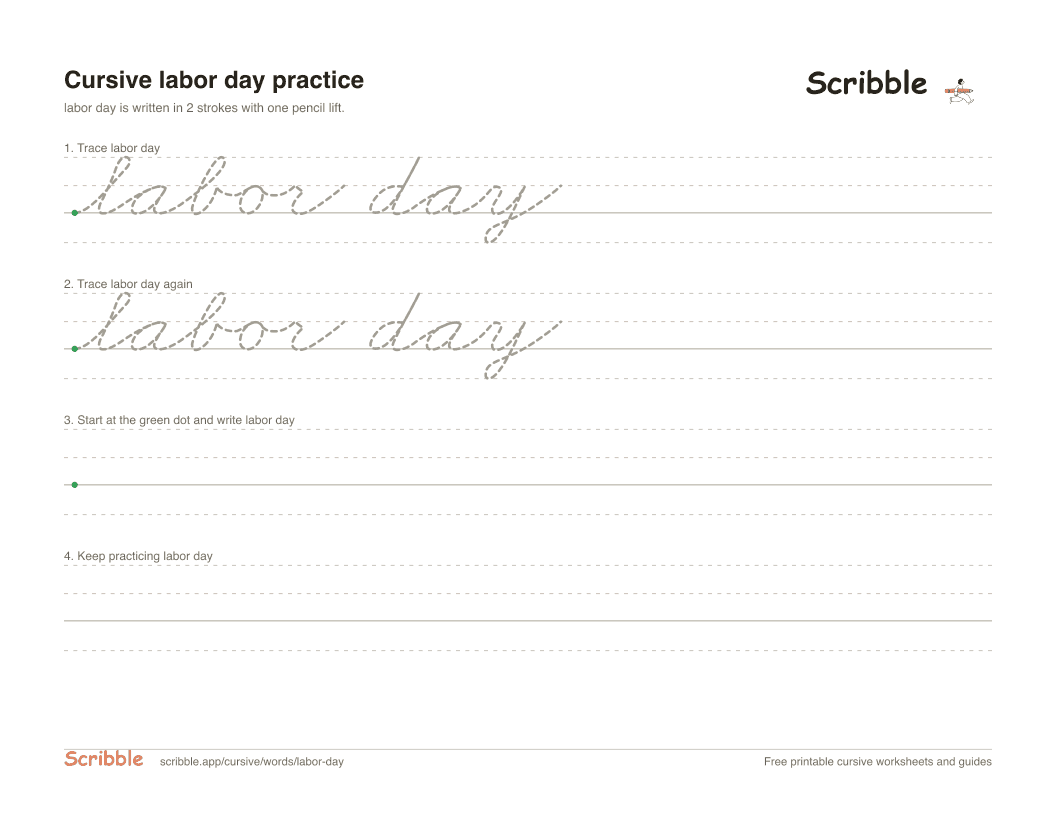Preview of the printable labor day in cursive worksheet: trace, copy, and practice rows