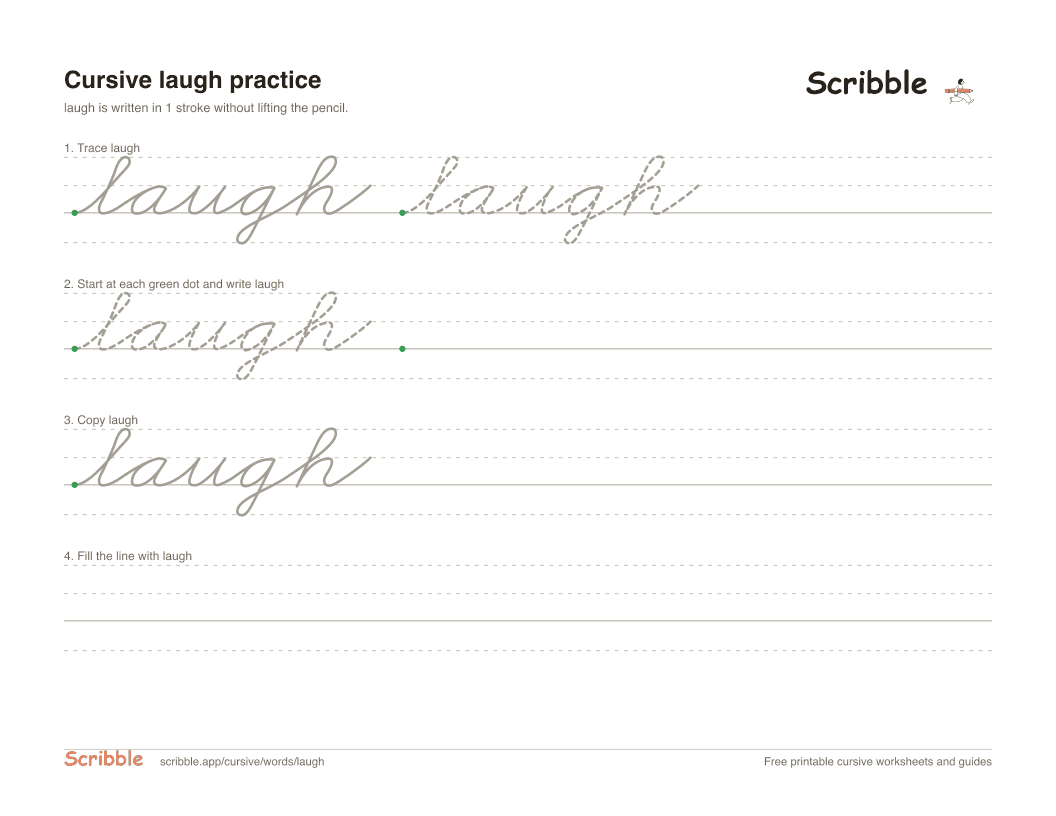 Preview of the printable laugh in cursive worksheet: trace, copy, and practice rows