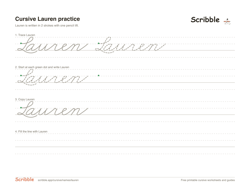 Preview of the printable Lauren in cursive worksheet: trace, copy, and practice rows