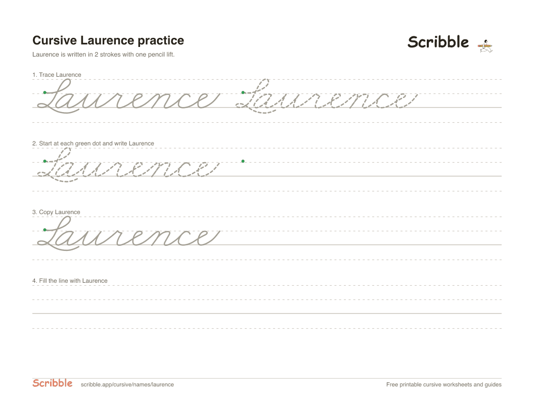 Preview of the printable Laurence in cursive worksheet: trace, copy, and practice rows