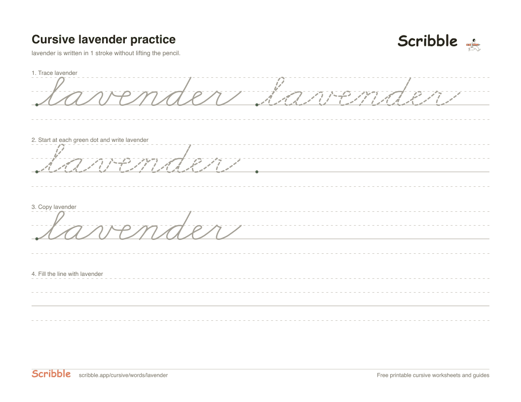 Preview of the printable lavender in cursive worksheet: trace, copy, and practice rows