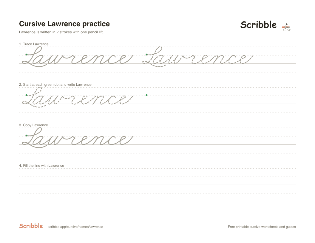 Preview of the printable Lawrence in cursive worksheet: trace, copy, and practice rows