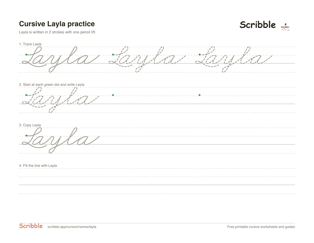 Preview of the printable Layla in cursive worksheet: trace, copy, and practice rows