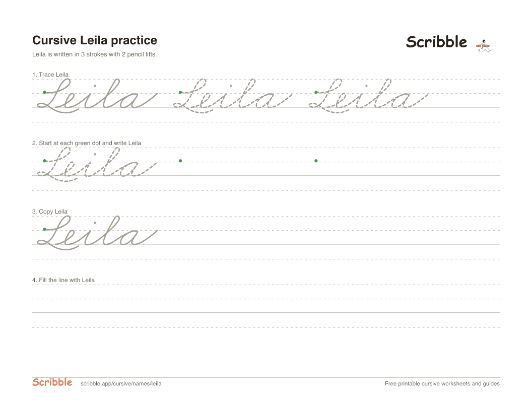 Preview of the printable Leila in cursive worksheet: trace, copy, and practice rows
