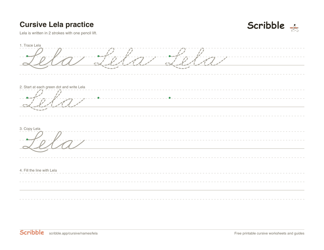 Preview of the printable Lela in cursive worksheet: trace, copy, and practice rows