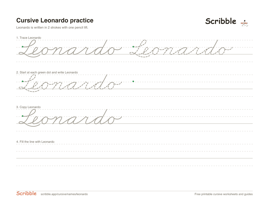 Preview of the printable Leonardo in cursive worksheet: trace, copy, and practice rows