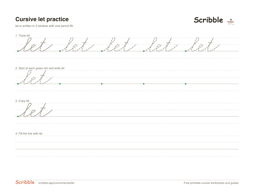 Preview of the printable let in cursive worksheet: trace, copy, and practice rows