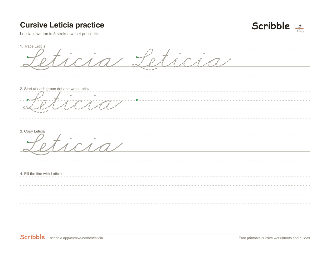 Preview of the printable Leticia in cursive worksheet: trace, copy, and practice rows