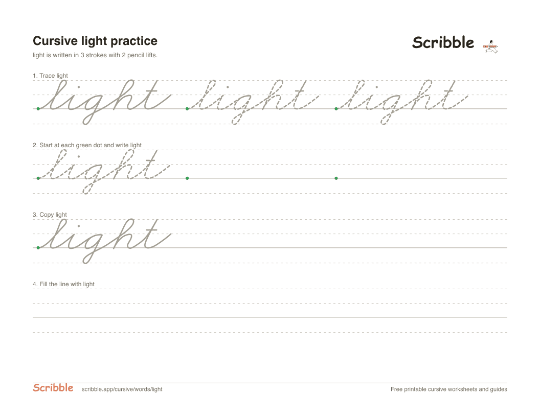 Preview of the printable light in cursive worksheet: trace, copy, and practice rows