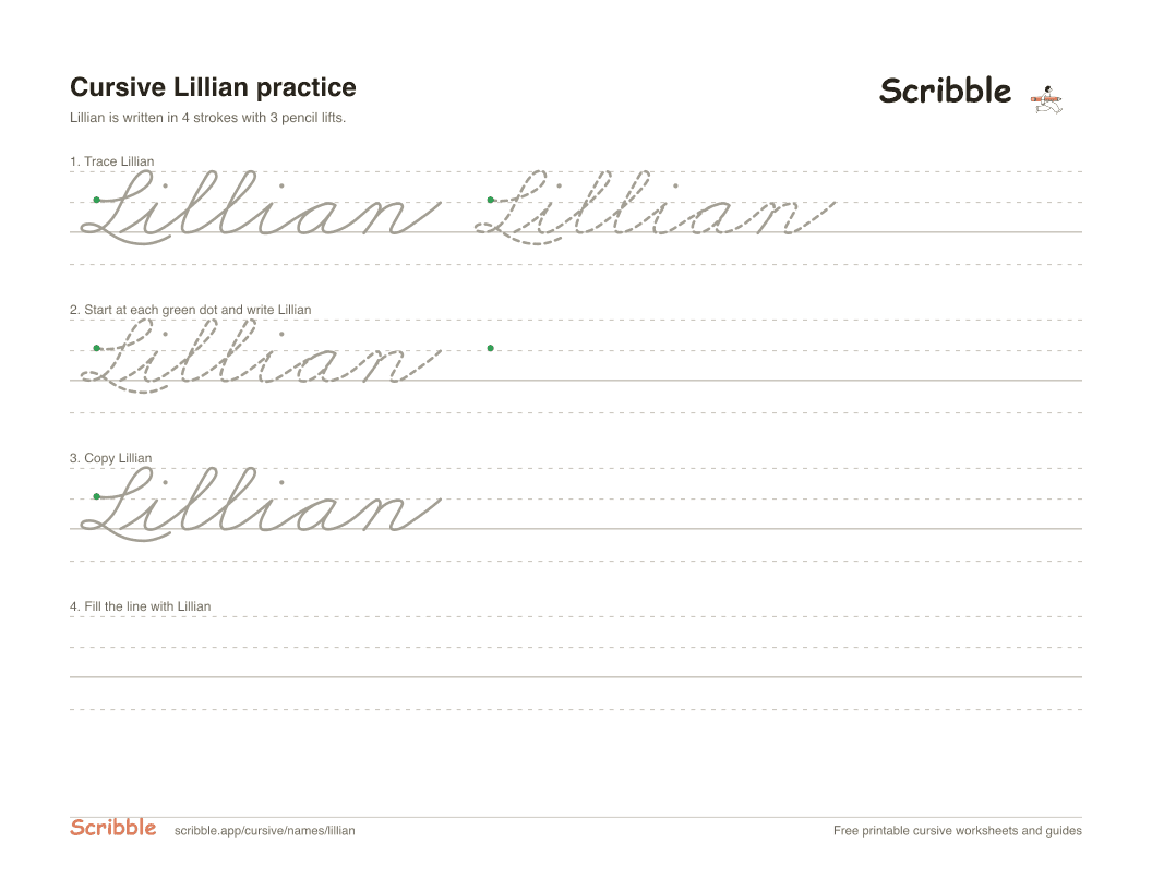 Preview of the printable Lillian in cursive worksheet: trace, copy, and practice rows