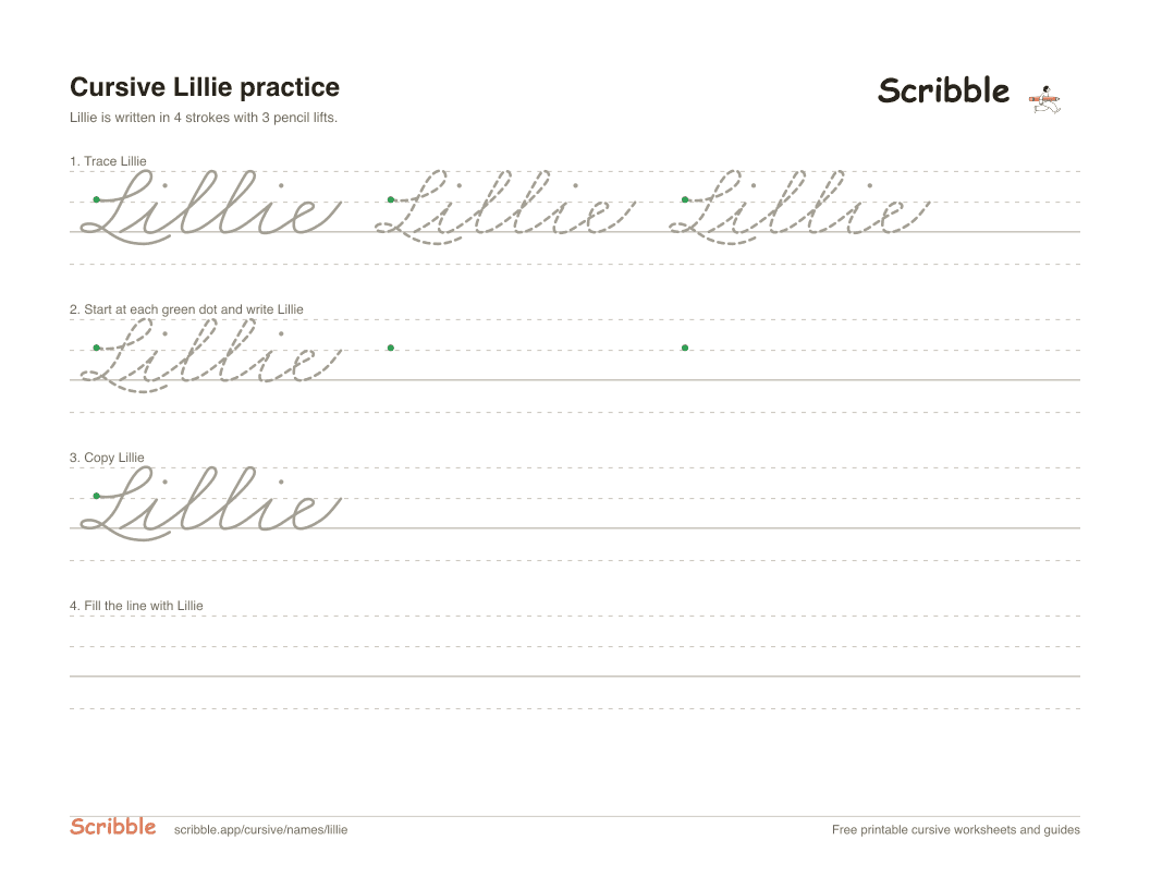 Preview of the printable Lillie in cursive worksheet: trace, copy, and practice rows
