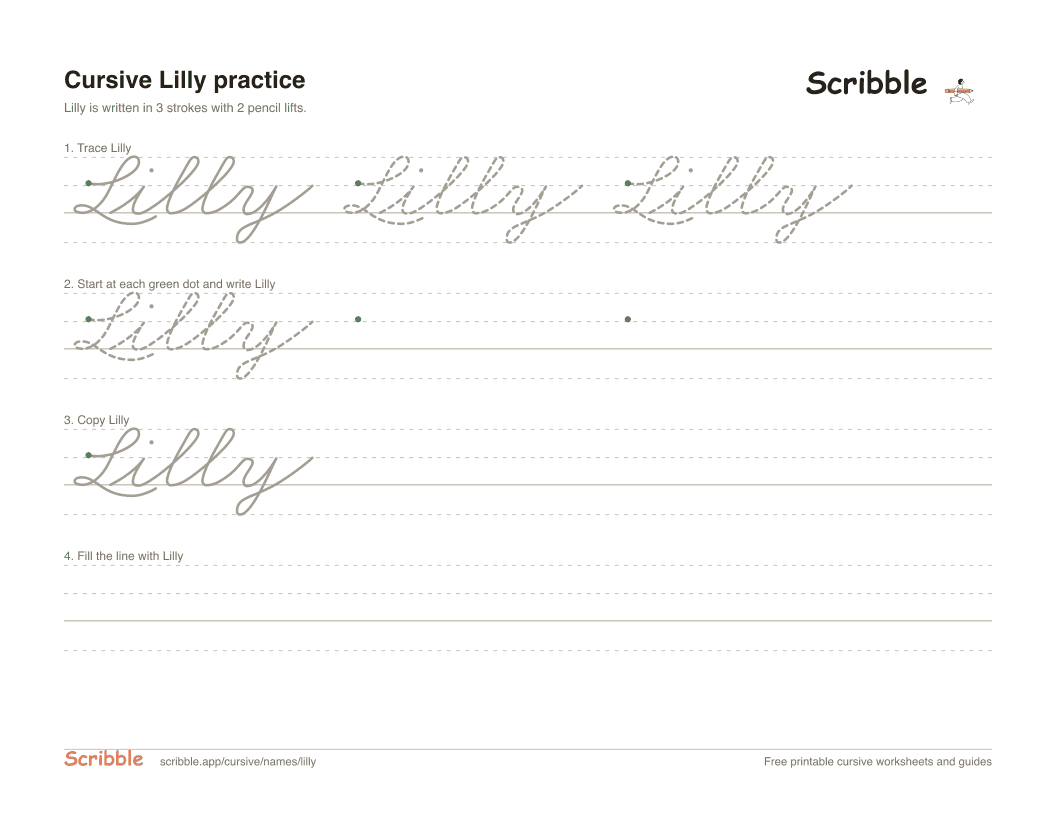 Preview of the printable Lilly in cursive worksheet: trace, copy, and practice rows