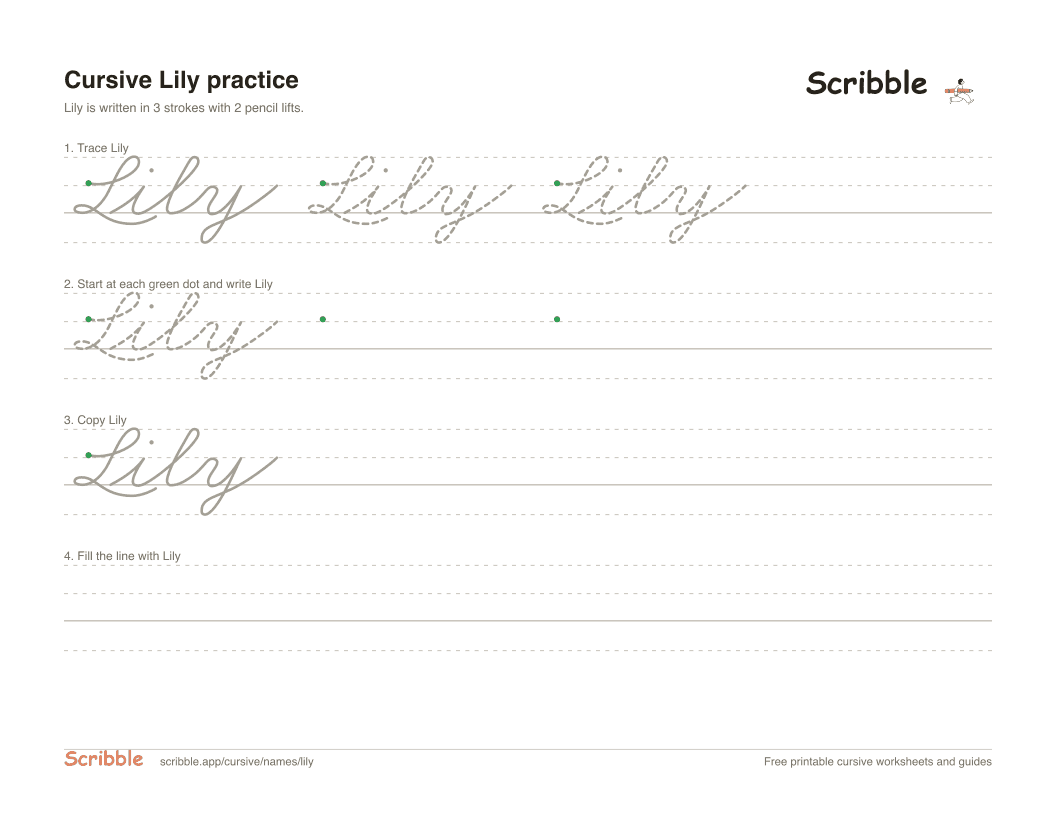 Preview of the printable Lily in cursive worksheet: trace, copy, and practice rows