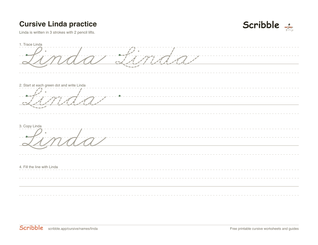 Preview of the printable Linda in cursive worksheet: trace, copy, and practice rows