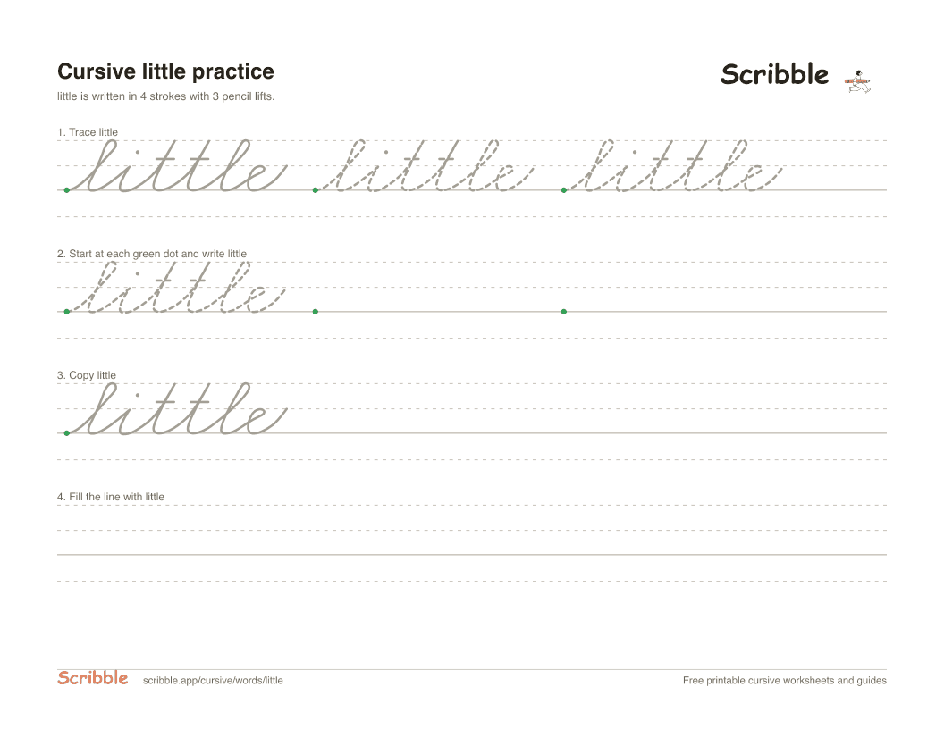 Preview of the printable little in cursive worksheet: trace, copy, and practice rows