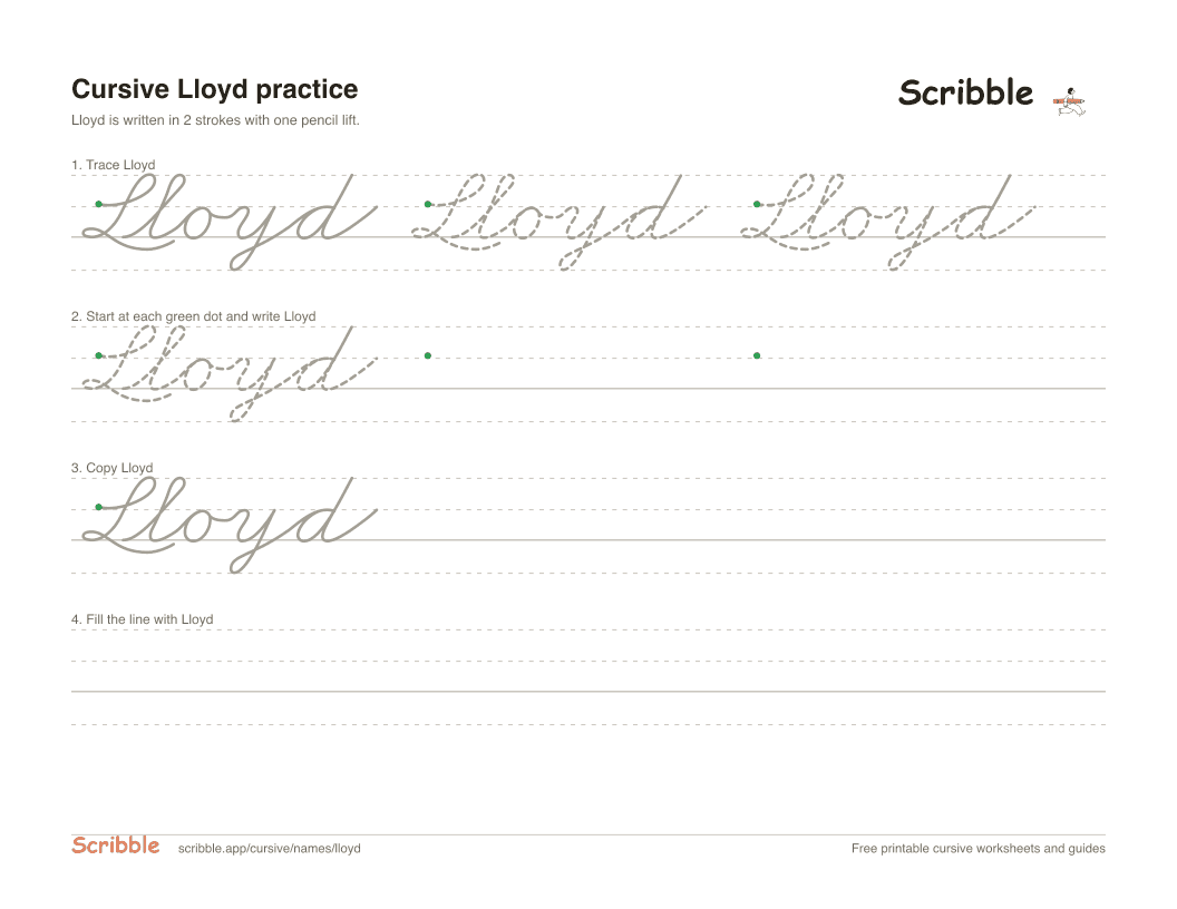 Preview of the printable Lloyd in cursive worksheet: trace, copy, and practice rows