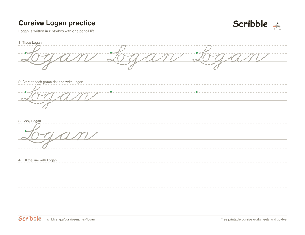Preview of the printable Logan in cursive worksheet: trace, copy, and practice rows