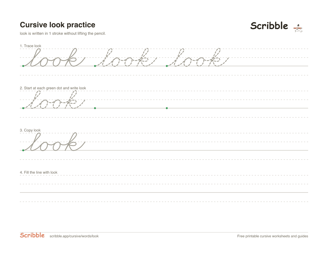 Preview of the printable look in cursive worksheet: trace, copy, and practice rows