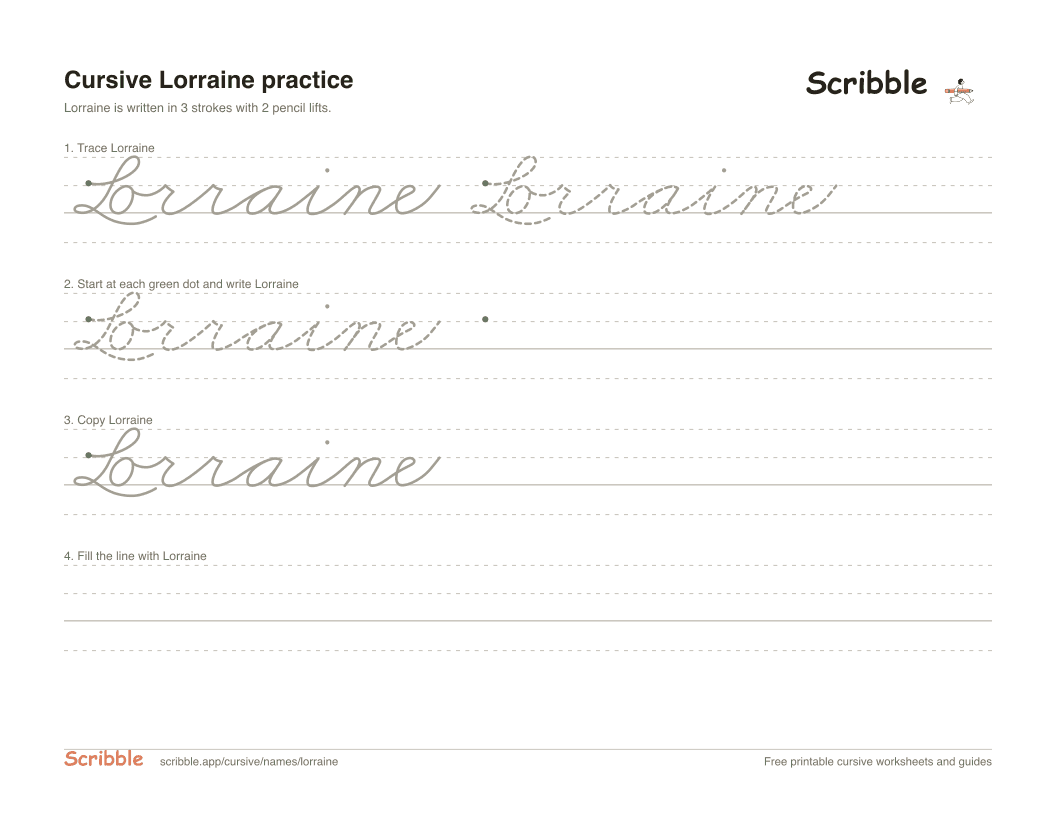 Preview of the printable Lorraine in cursive worksheet: trace, copy, and practice rows