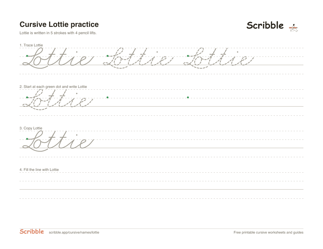 Preview of the printable Lottie in cursive worksheet: trace, copy, and practice rows