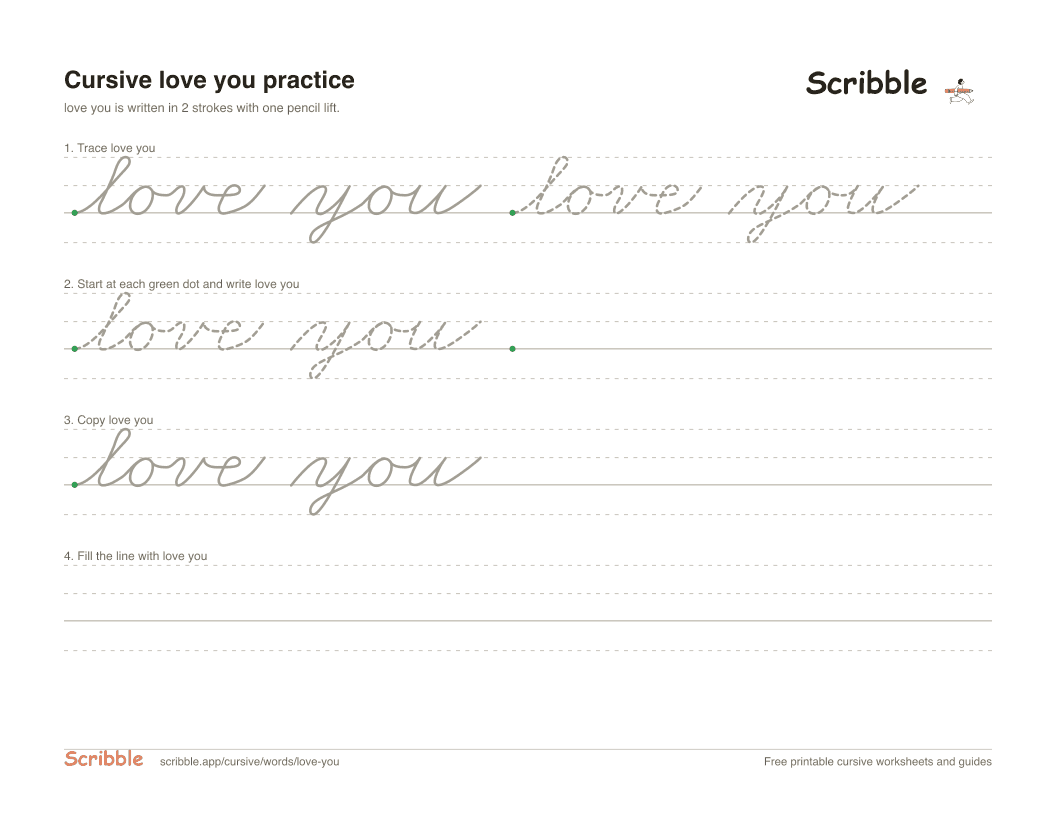 Preview of the printable love you in cursive worksheet: trace, copy, and practice rows